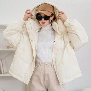 Beige Casual Womens Drawstring Hooded Puffer Coat